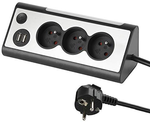 Electraline 35430, Bloc multiprises d’Angle, 3 Prises, 2 Ports USB Interrupteur on/Off pour éteindre/Allumer la LED, Câble 1,5M, Gris/Noir