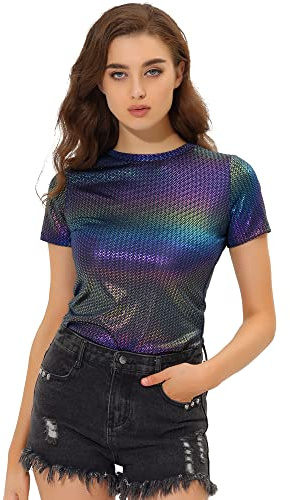 Allegra K Dam kortärmad rund hals metallisk topp blus t-shirt, Mörkblå, L