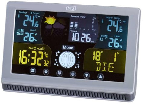 Trevi ME 3P70 RC Digitale Wetterstation mit Farbdisplay und Touch-Steuerung, Barometer, Thermometer und Mondphasen, Außensensor, USB-Anschluss zum Aufladen von externen Geräten