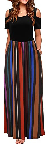 STYLEWORD Mujer Verano Hombro Frío Manga Larga/Corta Maxi Vestido Estampado Floral Elegante Maxi Vestido con Bolsillos