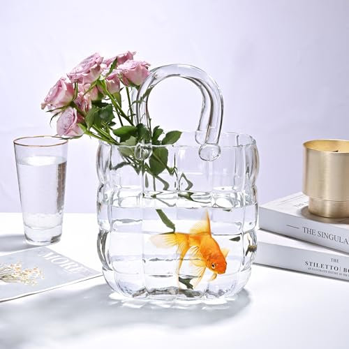 Yorkmills Glass Purse Vase for Flowers, Clear Handbag Grid Centerpiece for Dining Room, Small Fish Bowl Flower Vase, Modern Spring Home Decor