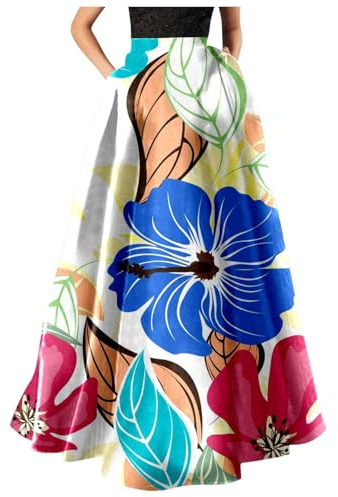 Vestito E Azzurro con Stampa Floreale Bohémien, Gonna Lunga da Spiaggia, Tasca a Vita Alta Abito Rosso E Bianco