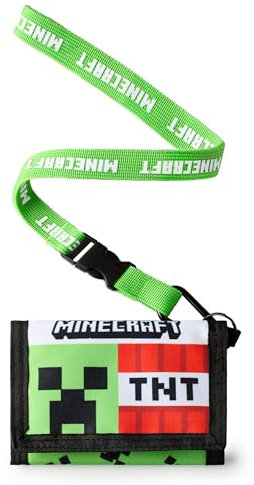 Minecraft Jungen Geldbörse mit Band | Grüne Dreifach Faltbare Geldbörse mit TNT-Block & Creeper-Charakter-Gesichtsprint für Kinder | Kinder Geld- & Kartenhalter Logo-Band