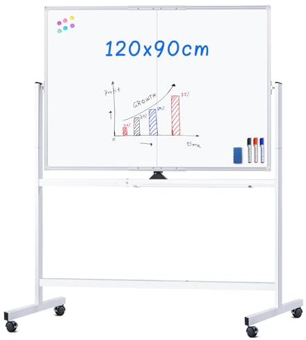 maxtek Magnetic Whiteboard with Stand, 120 x 90 cm Double Sided Large White Board, Whiteboard on Wheels Aluminium Frame for Office, Home, School