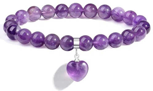 AWARDSEN Amethyst Armband Edelstein Violett Herz Heilsteine Armband Damen, Violett Kristall 8mm Edelstein Schmuck Geschenk für Frauen