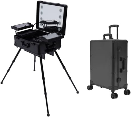 Kosmetikkoffer Trolley Schminkkoffer, Rolling Makeup Train Case, Kosmetik-Zug Tisch, 22 Zoll Aluminium Professionelle Künstler Kosmetik Organizer Box mit 4 Rollen & Beleuchtung & Spiegel, Robust