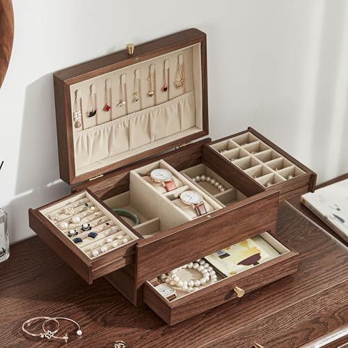 Homruilink Scatola portagioie in legno per donna, cassetti multifunzionali a 3 livelli, scatola portaoggetti in noce nero per gioielli, orologio, collana, anello, orecchini - Regali di Natale