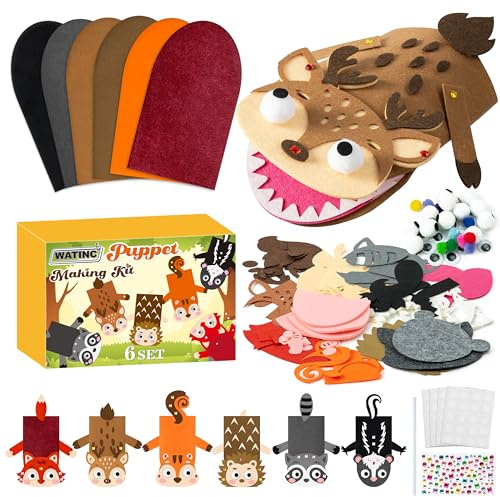 WATINC Hand Puppet Making Kit, Creative DIY Make Your Own Pompoms Wiggle Googly Eyes Storytelling Role Play Art Craft Felt Sock Puppet Toys Party Supplies Gift for Girls Boys (Woodland A)