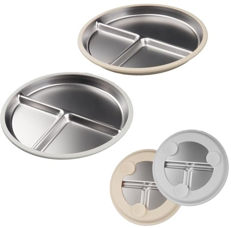 CROUTE 2 Stück Edelstahlteller Baby Teller mit Saugnapf, Geteilter Kinderteller mit 23 cm Durchmesser und Abnehmbarer Silikonabdeckung für Rutschfesten, BPA-Frei (Grau, Beige)