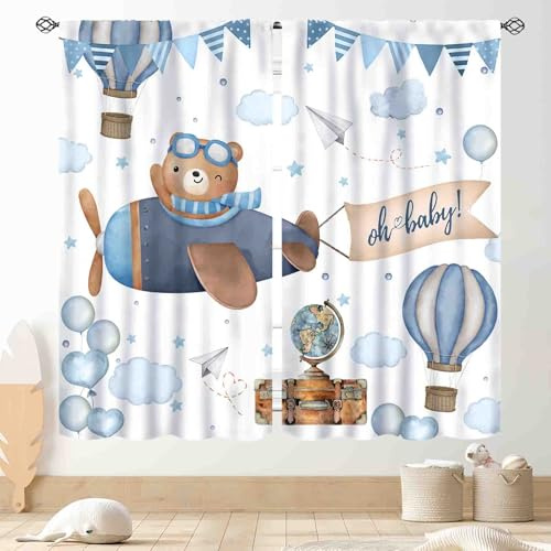 Cartoon Bear Curtains, Kids Boys Girls Cute Lovely Bear Adventure Airplane Cloud Pastel Blue Window Drapery Treatments for Baby Living Room Bedroom Nursey Toddler Classroom 2 Panels, 42x45 Inch