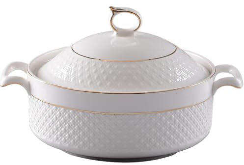 Nyutcwe Soup Tureen Ceramic, 1.5L White Serving Bowls with Gold Border Double Handle Soup Tureen with Lid and Ladle Set for Pasta