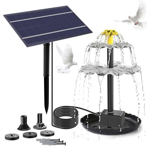 Solar Springbrunnen für Außen,Teichbrunnen mit 5 DüSen,4W Solarbrunnen Balkon,Solarspringbrunnen Aussen,Solar Brunnen für Garten,Teich,Vogel-Bad(Grauwit)