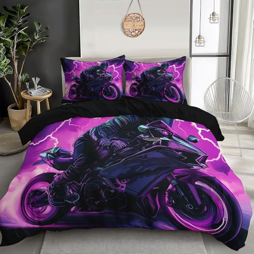 Juego De Funda Nordica Cama Púrpura Motociclista Estampado 3D Fundas Edredón,Gente del Futuro Microfibra Suave Transpirable 200X200Cm