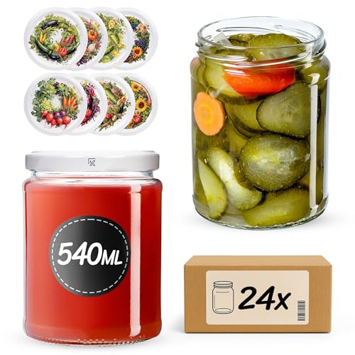 KADAX Tarros de conservas de 540 ml con tapa de rosca fi82 mm, tarros para conservas, conservas y conservas, tarros de mermelada, tarros de almacenamiento, tarros redondos (huerto, 24 unidades)