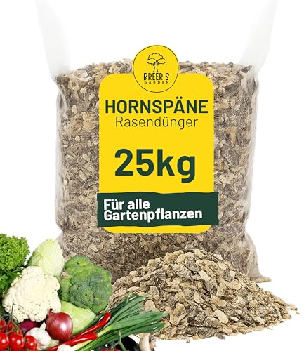 Breers Hornspäne Rasendünger 25kg Dünger für Gemüse, Balkon, Blumen, Natürlicher Stickstoffdünger und Gartendünger mit Langzeitwirkung, Hornmehl
