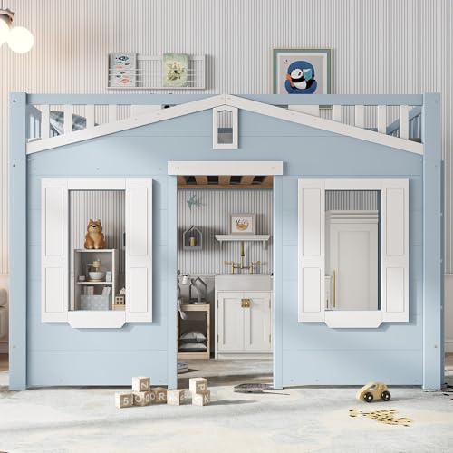 Oxtao Cama infantil de 90 x 200 cm, espacio debajo de la cama para un diseño flexible, bonito diseño de ventana, escalera segura y estable, cama alta para niños y niñas, pino, azul