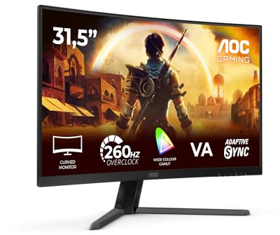 AOC C32G42ZE 31.5 inch FHD Gaming Monitor Curved, 260Hz, VA Panel, 0.3ms MPRT, Adaptive Sync, HDR10, FreeSync Premium, (1920x1080 HDMI 1x 2.0 DP 1x 1.4) Black