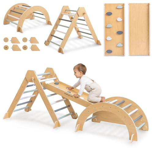 Mamabrum Aire de Jeux pour Enfants en Bois - Triangle Pickler, Arc d'escalade, Toboggan Double Face - Kit de Sport Montessori pour la Maison, Pliable, sûr