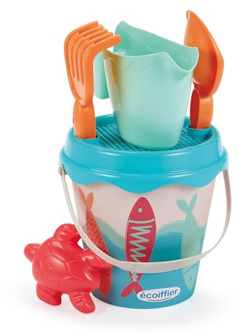 Ecoiffier - Seau de Plage Enfant 17 Cm Thème Sardine - Arrosoir Pelle Râteau Tamis Moule Inclus - Dès 18 Mois - Jouet pour Enfant - 262 - Garantie France Origine