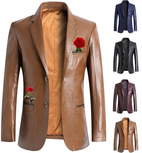 Blazer en cuir pour homme – Manteau de motard classique à revers cranté en similicuir avec poches, coupe ajustée, pour les affaires et les loisirs, marron, M