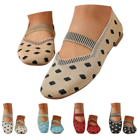 Ballerines tricotées pour femme : chaussures plates élégantes à pois Mary Jane confortables et douces en tricot Chaussures basses respirantes Chaussures basses tricotées légères Chaussures pieds nus