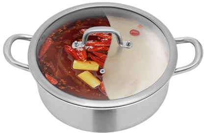 CAIYGG rostfritt stål 32 cm hotpot med rechaud, 304 rostfritt stål, ånggryta med glaslock, soppslev och skumsked, för hushåll och gastronomi