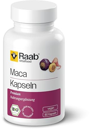 Raab Vitalfood® Bio Maca Premium Kapseln (80 Stück) - Bio Macawurzelpulver aus Peru mit Glucosinolate, enthält eine Kombination aus roter, schwarzen und gelber Wurzel, ohne Zusätze, vegan