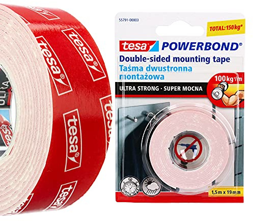 tesa® Doppelklebeband Doppelseitiges Montageband POWERBOND 1,5 m x 19 mm ULTRA STRONG | Klebeband Für Montagearbeiten Innen & Außen | Kleben Wandbefestigung Ohne Bohren Extra Starke 55791-00003-01