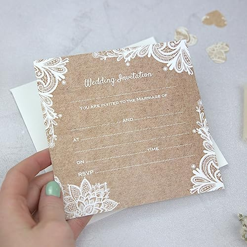 Dotty about Paper Tarjetas postales de boda de alta calidad, patrón de encaje rústico, paquete de 10 unidades con sobres de color marfil, encanto vintage, bosque, perfectas para amigos y familiares