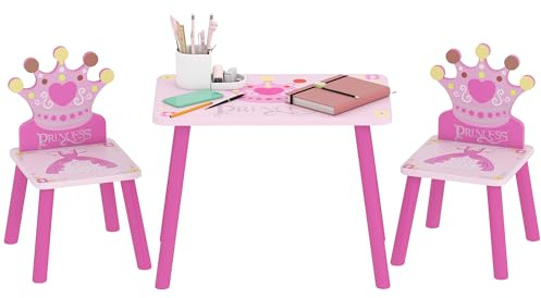 HOMCOM Set Tavolo e 2 Sedie a Tema Principesse per Cameretta Bambini in Legno Rosa con Schienale a Forma di Corona