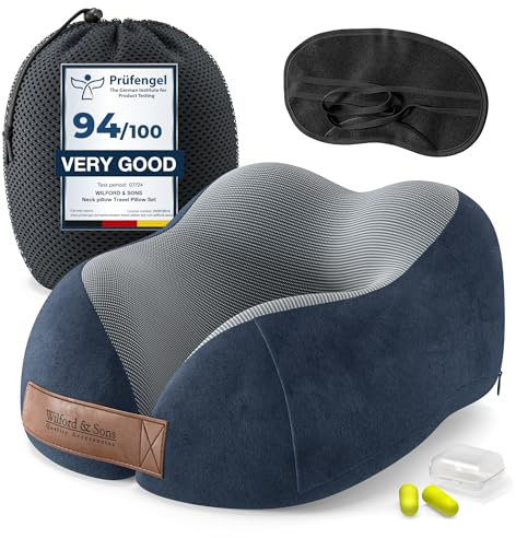 Nackenhörnchen Reise Nackenkissen Travel Pillow Set: Schlafmaske + Ohrstöpsel + Tasche | Weiches Reisekissen Nacken Polster Memory Foam Nackenrolle Schaum Kissen Nackenstützkissen Neck Auto Bus Zug