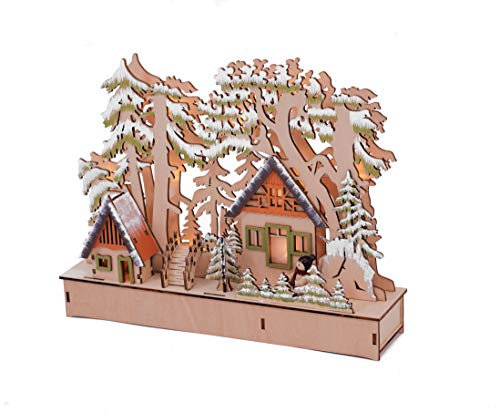 Spetebo Holz Winterlandschaft beleuchtet 30x23 cm - 10 LED - Weihnachts Dorf Tisch Deko Szene Fensterdekoration