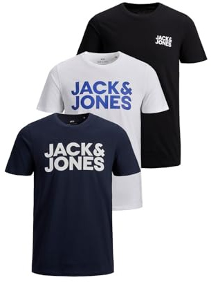 JACK & JONES Jjecorp Logo Tee SS O-Neck 3pk MP T-Shirt, Noir/Paquet : 1noir, 1bleu Marine, 1blanc, S (Lot de 3) Hommes