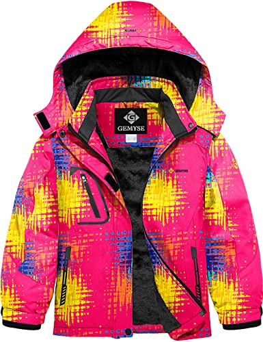 GEMYSE Chaqueta de Esquí para Niña Impermeable Abrigo de Invierno con Capucha Antiviento para Nieve Montaña con Forro Polar(Imprimir 2,140-146)