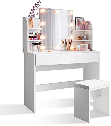 SONNI Toeletta da Trucco108x40x140cm, Vanity Toeletta con Morbido Sgaballo, con Luce per il Trucco per il trucco con tre colori e luminosità regolabile - Bianco