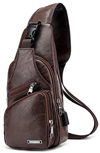VARLIVOO Hombre Sling Bag Bolsos de Hombro con USB Port Bolsos Cruzados Bandolera Bolsa de Pecho Antirobo Crossbody Bolsa Ciclismo Gimnasia Viajar Impermeable PU Piel Marron Oscuro
