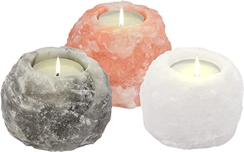 Profirst Global Himalian - Portavelas para lámpara de sal de roca, velas de té naturales, soporte para velas de té, sal natural gris (sal natural del Himalaya, mezcla (1 rosa + 1 blanco + 1 gris))