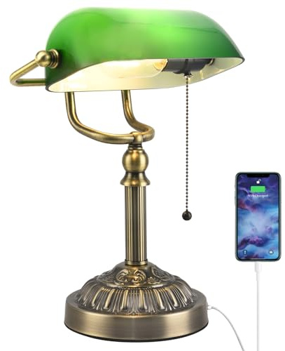 Rizzyluz Bankers Desk Lamp with USB-A Charging Port, Vintage Green Glass Desk Lamp with Pull Chain, Antique Brass Banker's Desk Lamp for Home Office Library
