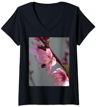Womens Honey Bee Feeding on Peach Tree Blossom V-Neck T-Shirt