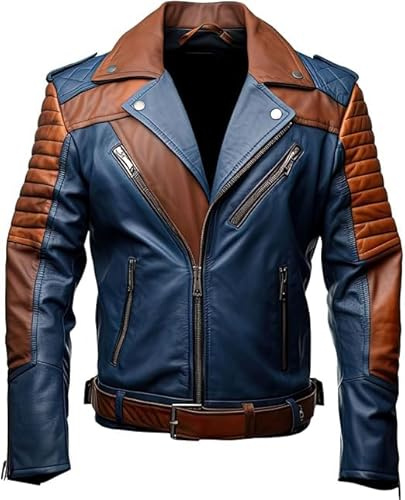 GOKTOG Men's Biker Multi Color Leather Jacket, Leather Biker Jacket for Men, Faux Leather Biker Bomber Jacket, Blue and Brown, L