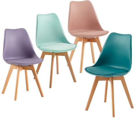 EGGREE Pack 4 Sillas de Comedor Sillas Cocina Nórdica de Plástico con Cojín de Asiento de Cuero PU y Las piernas de Madera de Haya Maciza,Rosa Ahumado+Turquesa+Verde Menta+Gris púrpura
