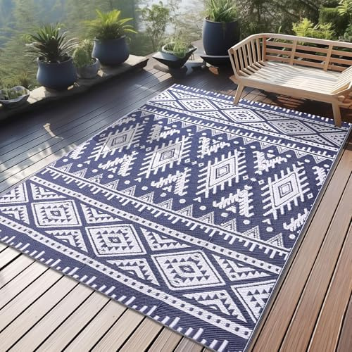 Homaxy Outdoor Teppich Wetterfest, Kunststoff Stroh Faltbar Waschbar UV-beständig Wendbar Balkon Garten Teppich für Terrasse Camping Picknick (120 x 180 cm, Marine Blau & Weiß)