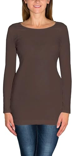 Alkato Top Longue Femme Tunique à Manches Longues Moulant Long T-Shirt Uni, Brun Clair, M