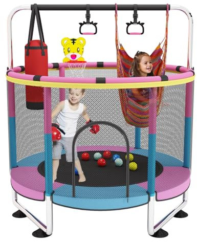 Trampolin Kinder, 150cm Kinder Trampolin Outdoor/Indoor, 200kg verstellbares,mit Basketballkorb und Gehäuse,Geschenke für Jungen und Mädchen