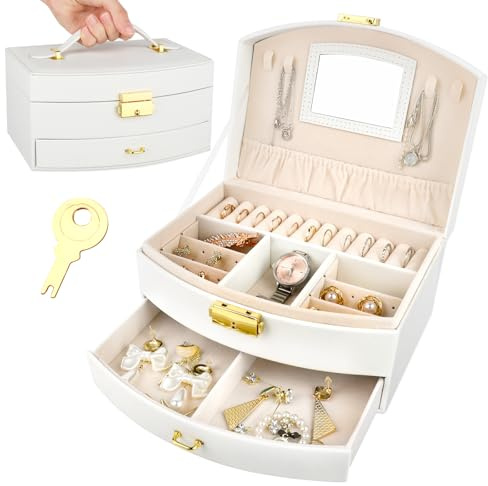 VFANDV Boîte à Bijoux Femme avec Miroir, Boîte à Bijoux en cuir à 2 Niveaux, Coffret à Bijoux Femmes Filles Voyage Organisateur pour Bracelets, Boucles d'oreilles, Bagues, Colliers, Montres, Blanc