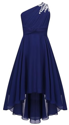 Linyuir Robe De Fête pour Mädchen Été Robe Bustier Plissée Jupe Longue Demoiselle Dhonneur Bleu Marine 11-12 Ans