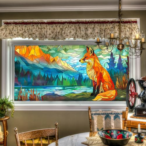 HOMETITUTE Stained Glass Fox & Mountain Pattern Static Cling Window Film 39.3x17.7 inches Non-Adhesive Removable Reusable for Glass Door Home and Office Bedrooms PVC Static Cling Sticker