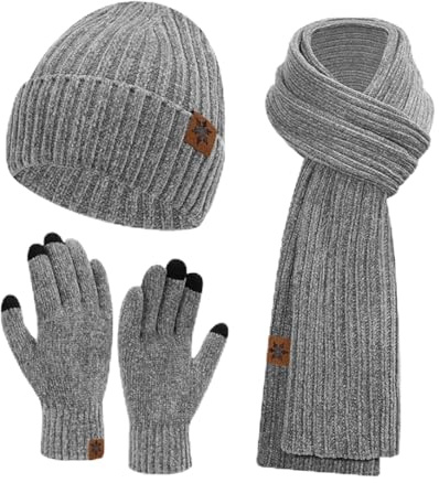 GHUAP Bonnet 3 en 1 Femme, Packs Bonnet, Ensemble Femme,Tactiles Ensemble Tricot, Tricotés Chauds, Écharpes et Gants, Taille Unique (Gris)