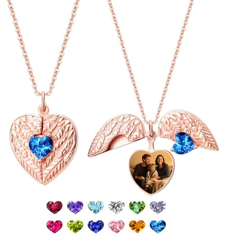 yrozvw Collana con medaglione a cuore per donna, collana di ali di angelo custode con foto, collane con ciondolo fotografico personalizzato con pietra di nascita, regalo di gioielli commemorativi