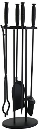 KaminoFlam Kaminbesteck Set Eisen - Kaminzubehör schwarz - Kamingarnitur modern - Kaminset mit Besteck - Kaminwerkzeug 4-teilig mit Ständer & Schürhaken Set